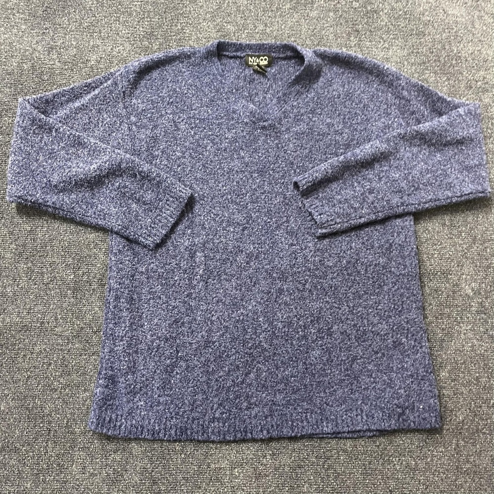 NYCO Sweater‎ Womens Large Blue Fuzzy Knit V Neck Pullover Long Sleeve Soft Cozy